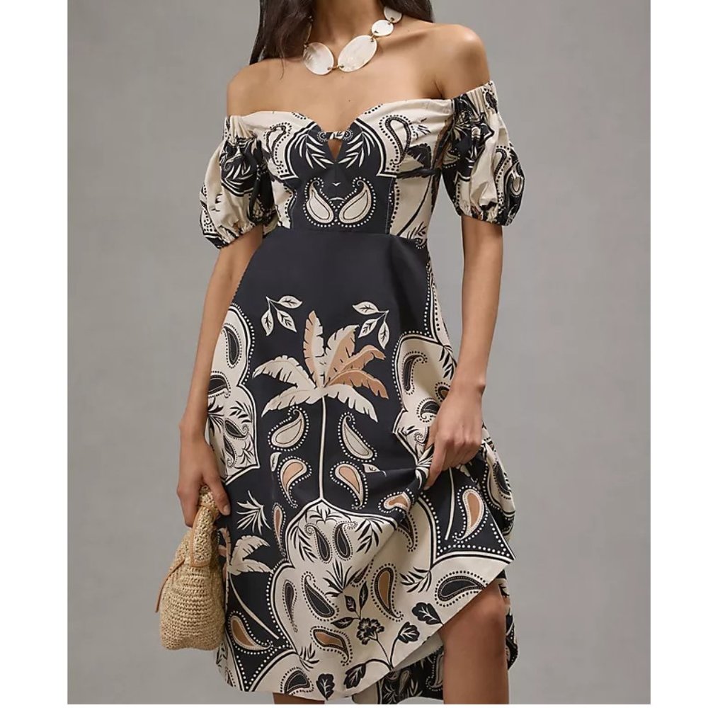 Anthropologie Maeve Puff-Sleeve Sweetheart Midi Dress Neutral Motif 26W Plus